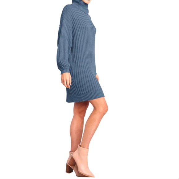 Blue Ribbed Knit Dress - Picture 3 of 6